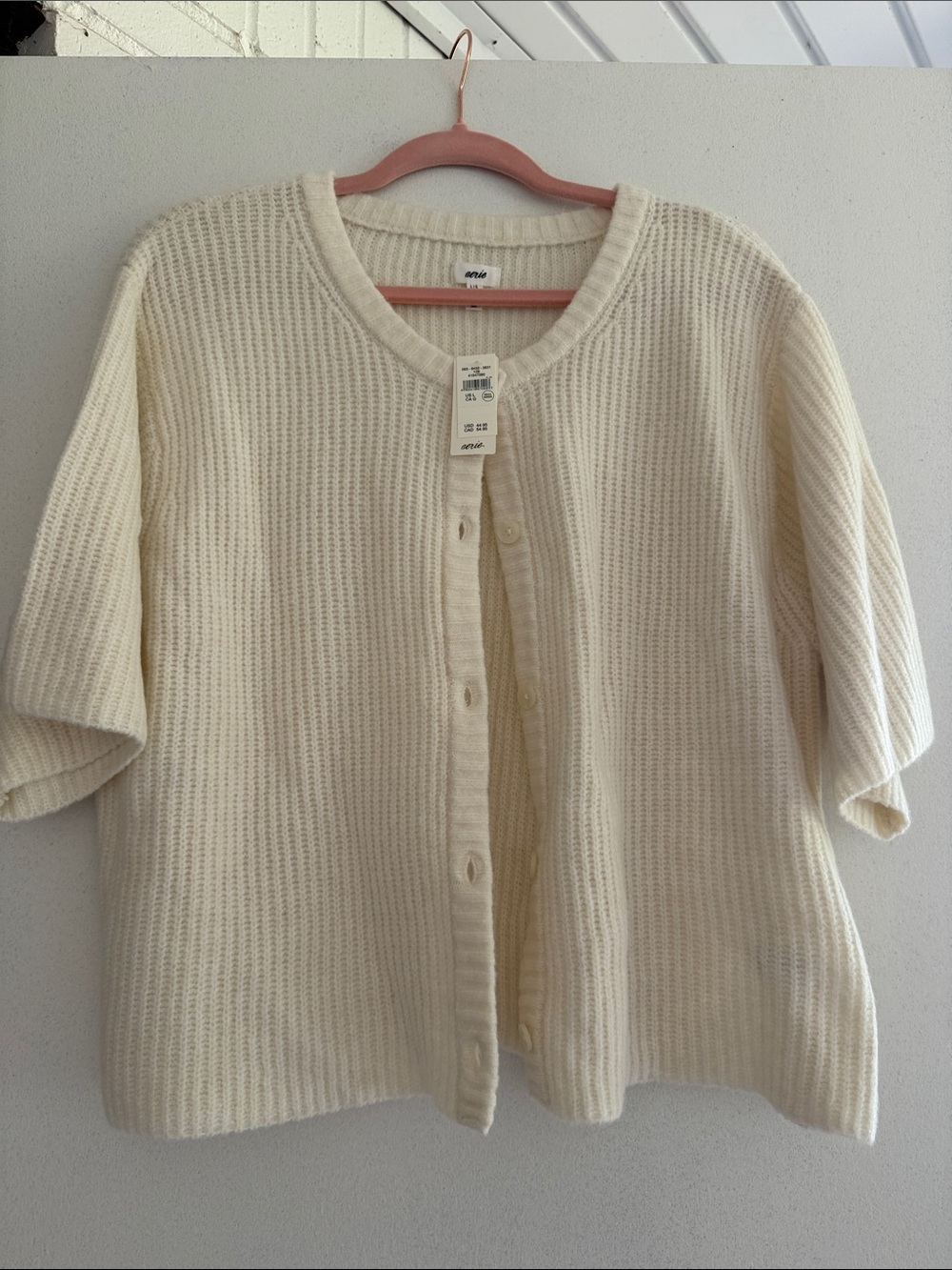 aerie Cream Short-Sleeve Button Ribbed Cardigan